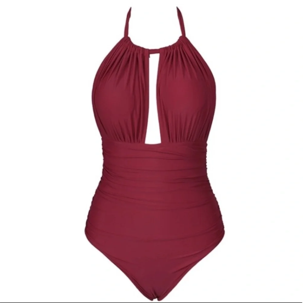 NEW Cupshe Keep Secrets Halter One Piece Swimsuit: Dark Brick Red